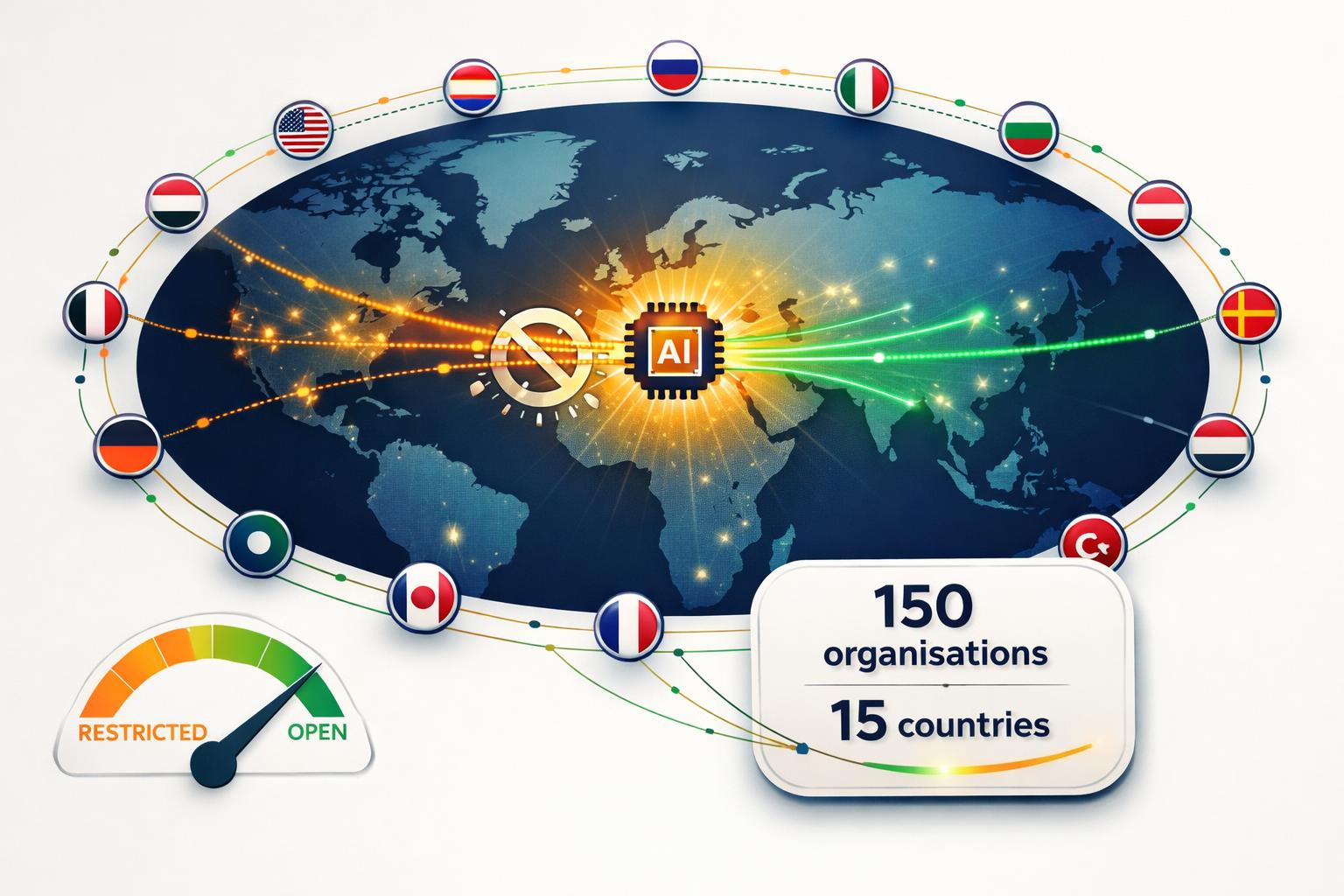 Editorial illustration of a glowing AI network overlaid on a world map with NATO and stock market symbols